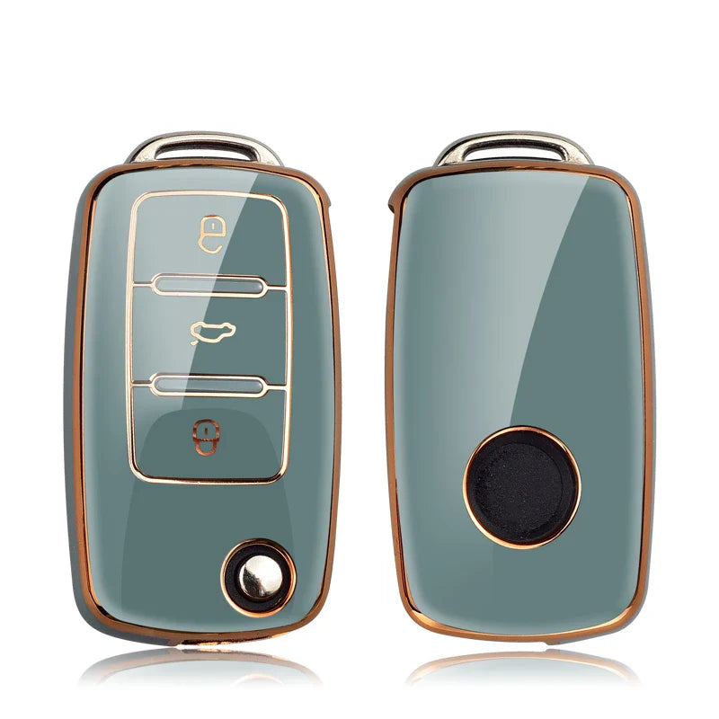 Leather TPU Car Key Case Cover for Volkswagen & Skoda – Fits Polo, Golf, Passat, Tiguan, Beetle, Caddy, T5, Up, Eos, Octavia, Seat Leon, Altea