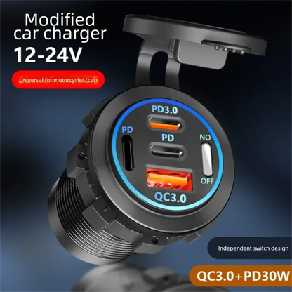 USB Car Charger 12/24V - Dual Socket PD3.0 & QC3.0 Fast Charging Station with LED Voltmeter Switch