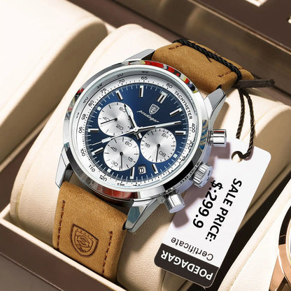 POEDAGAR Men's Luxury Sports Watch – Genuine Leather, Chronograph, Waterproof, Luminous Quartz Wristwatch
