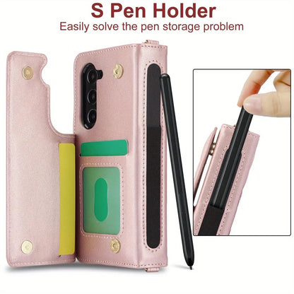 PU Leather Flip Wallet Case for Samsung Galaxy Z Fold 6/5/4/3 5G – Card Holder, Wrist Strap, Crossbody Stand Cover