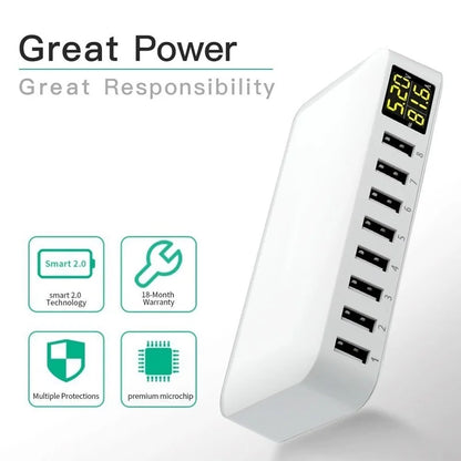 8-Port USB Fast Charging Station - Desktop Charger Hub with LCD Display for iPhone, Samsung & Xiaomi