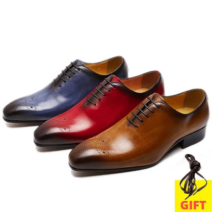 Men’s Genuine Leather Oxford Shoes - Whole Cut Pointed Toe Lace-Up Formal Business and Wedding Dress Shoes