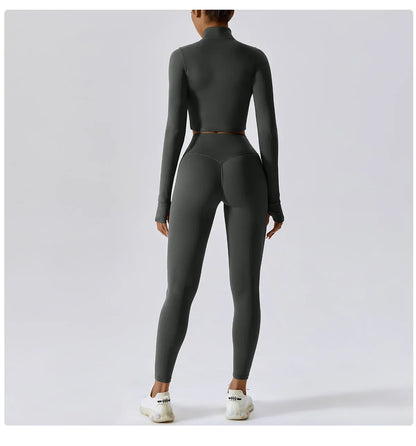 3PCS Women’s Yoga & Workout Set – Long Sleeve Zipper Top with High Waist Leggings Fitness Sportswear