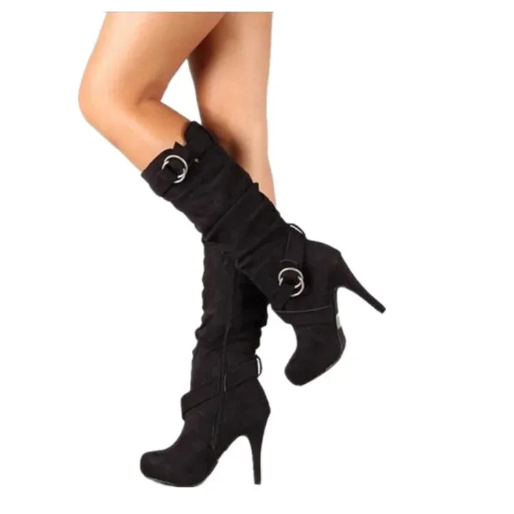Women’s Knee-High PU Leather Boots – Thin High Heel Platform Round-Toe Fashion Shoes, Size 34-43
