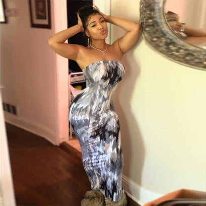 Women’s Off Shoulder Printed Maxi Dress - Slim Fit Bandage Chest Wrap Summer Party Dress