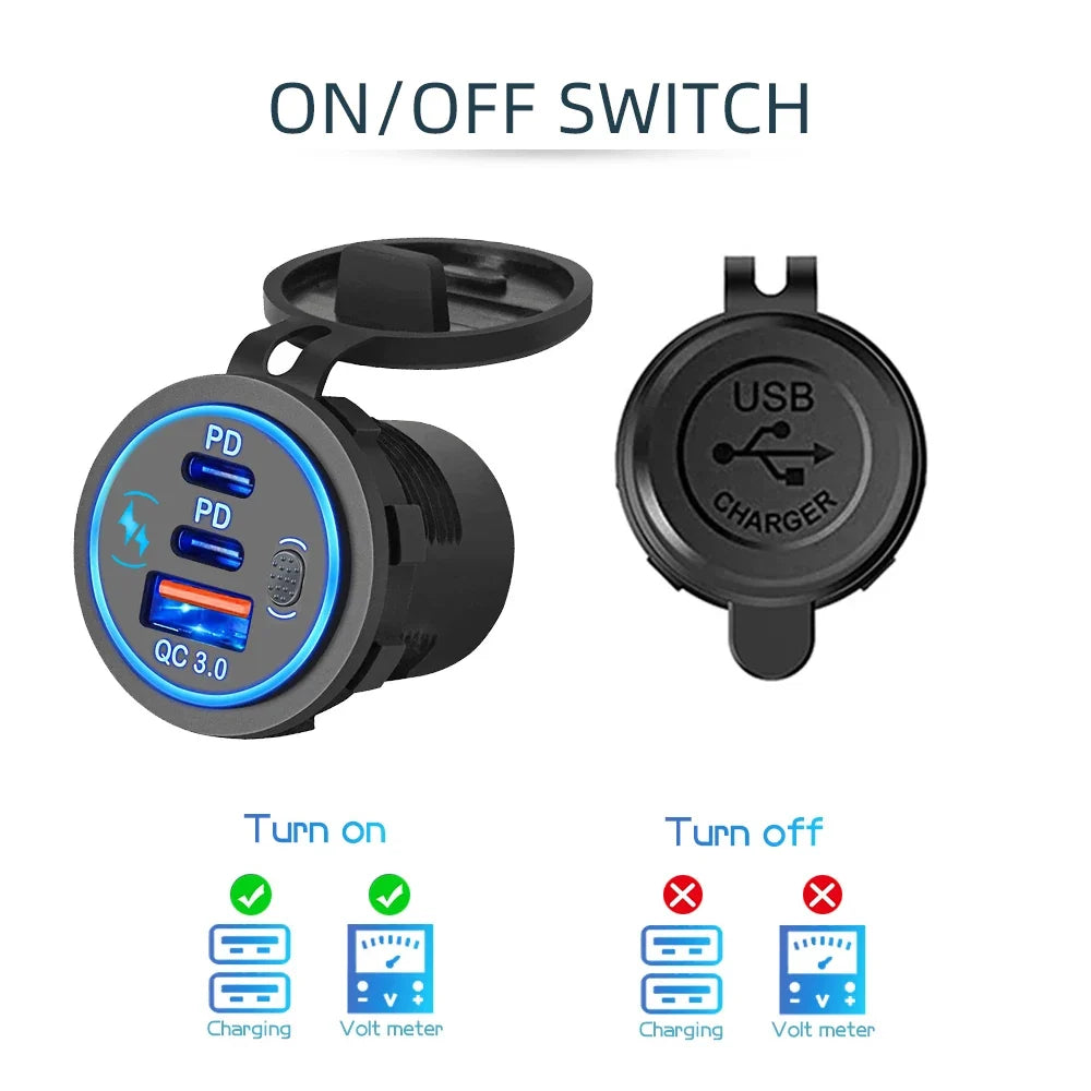 78W Dual USB C Car Charger Socket - PD3.0 & QC3.0 Fast Charging Adapter with LED Touch Switch for 12V/24V Vehicles