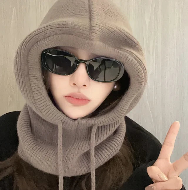Knitted Hooded Balaclava Caps – Winter Korean Style Outdoor Warmer, One-Piece Neck Collar Beanie Hat for Women