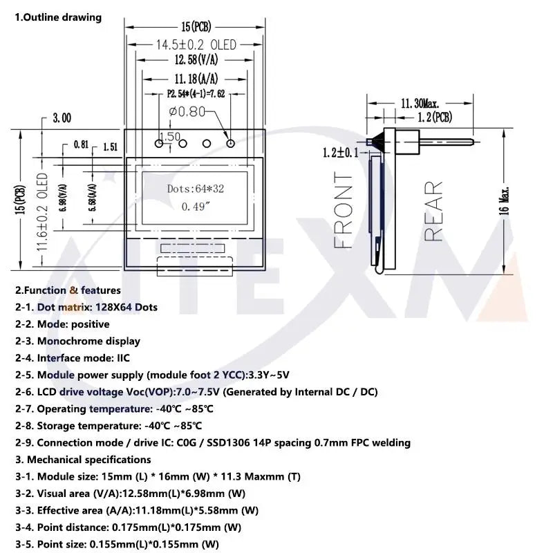 AITEXM 0.49 Inch OLED Display Module - 64x32 SSD1306 I2C IIC Screen for Arduino AVR STM32 DIY Projects