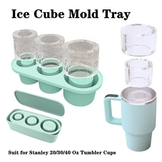 3-Grid Silicone Ice Cube Tray for Stanley 30/40 oz Tumbler – Reusable Cylinder Ice Mold with Lid for Juice, Coffee & Drinks Storage