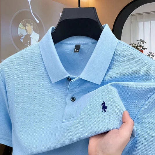 Men’s 100% Cotton Polo Shirt - Luxury Short Sleeve Golf Top with Embroidered Pony Design for Summer Casual Fashion