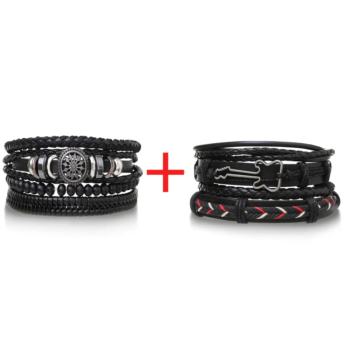 4Pcs Men's Braided Leather Bracelets Set – Vintage Life Tree & Rudder Charms, Wood Beads, Ethnic Tribal Wristbands