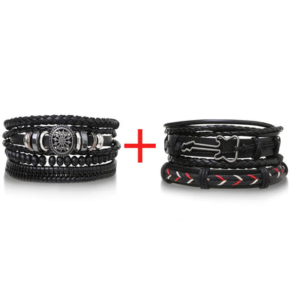 4Pcs Men's Braided Leather Bracelets Set – Vintage Life Tree & Rudder Charms, Wood Beads, Ethnic Tribal Wristbands
