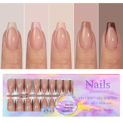 150PCS Press On Fake Nails - 6 Color Multi-Size Almond Acrylic Nails with French Style Removable Design