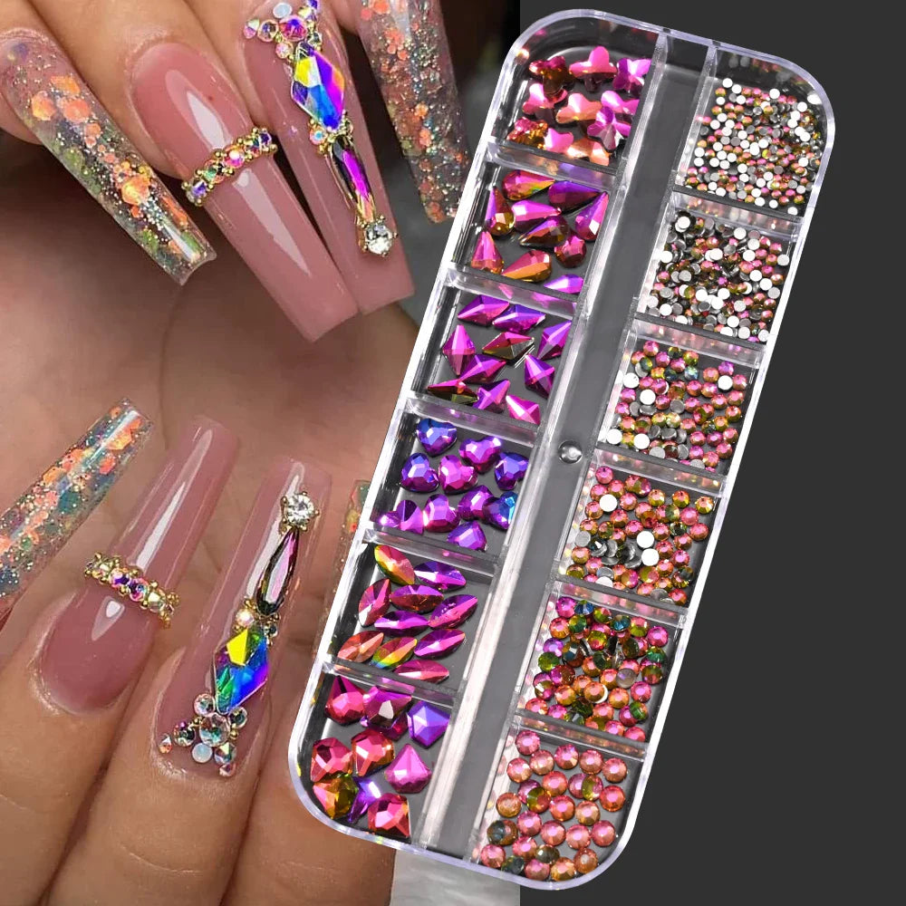 12-Grid Mixed Nail Rhinestones SS6-SS30 – Shiny Flat-Back Gems in Clear, Gold, Pink & Blue for Nail Art Decoration