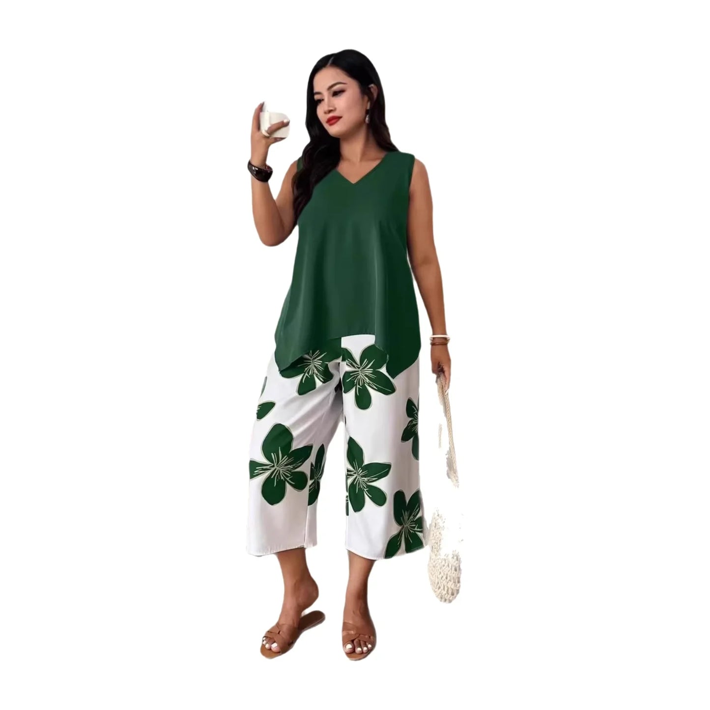 Women's Floral Print Sleeveless Summer Set - Elegant Casual 7/8 Length Fashion Outfit