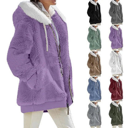 Autumn Winter Women's Hooded Coat – Casual Zipper Cashmere Fleece Jacket Solid Color Ladies Outerwear