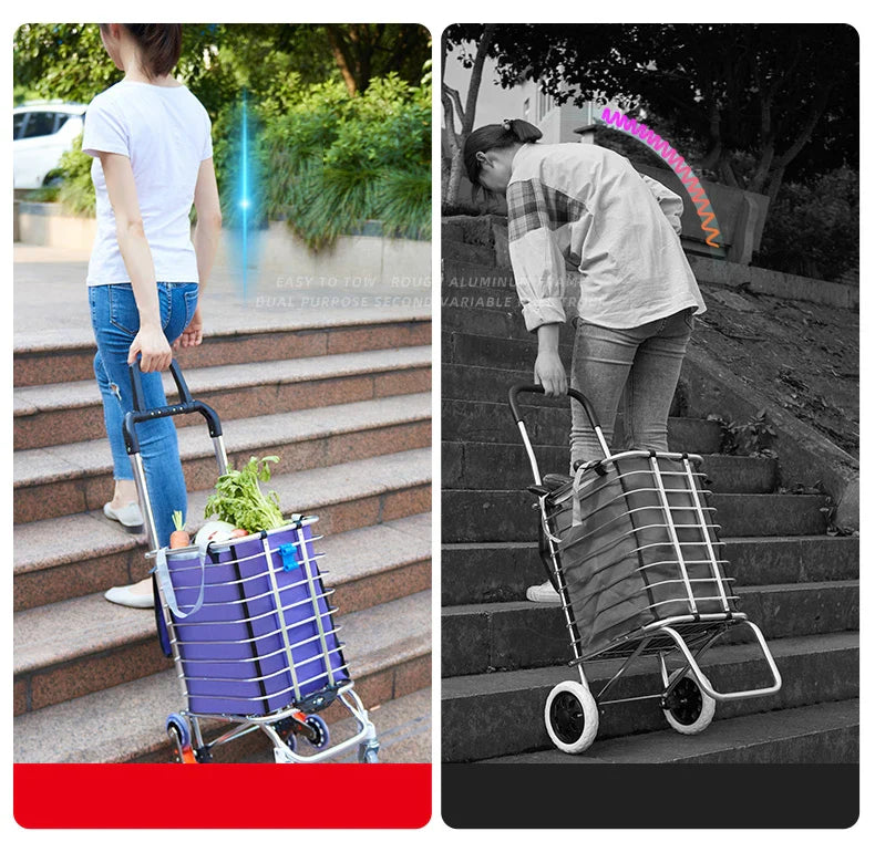 Aluminum Alloy Folding Grocery Cart – Portable Lightweight Shopping Trolley with Step Climbing for Supermarket & Food