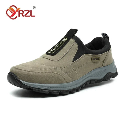 YRZL Men’s Hiking Sneakers - Breathable Suede Leather Slip-On Shoes with Anti-Skid Outdoor Walking Comfort