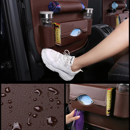 Car Seat Back Organizer with Foldable Table Tray – PU Leather Storage Organizer with Pockets & Kick Mats