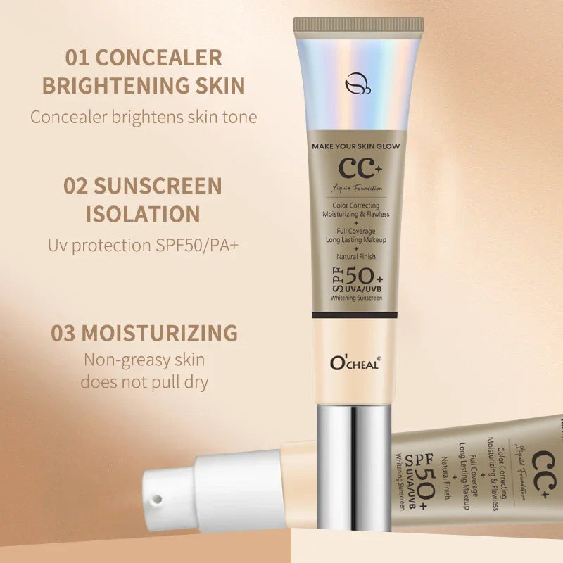 Ocheal 30g CC Cream Foundation – Waterproof Concealer, SPF 50+ Moisturizing Sunscreen, Long-Lasting Brightening Makeup Primer