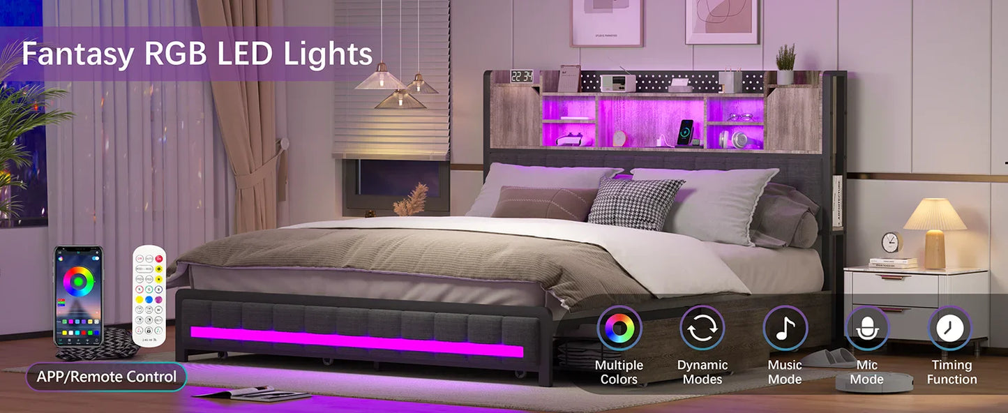 Queen Bed Frame with 4 Storage Drawers – Upholstered LED Bed with Bookcase Headboard, Type-C & USB Charging Station