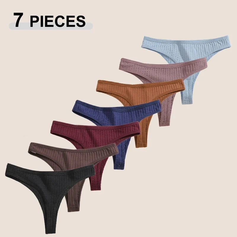 7Pcs Women’s Cotton Thong Set - Seamless Breathable Low Waist Bikini G-String Panties Sexy Lingerie S-XL