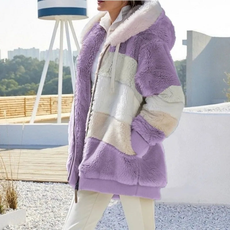 2023 Women's Oversized Jacket - Autumn Winter Warm Plush Hooded Streetwear, Loose Outerwear Coat with Pockets