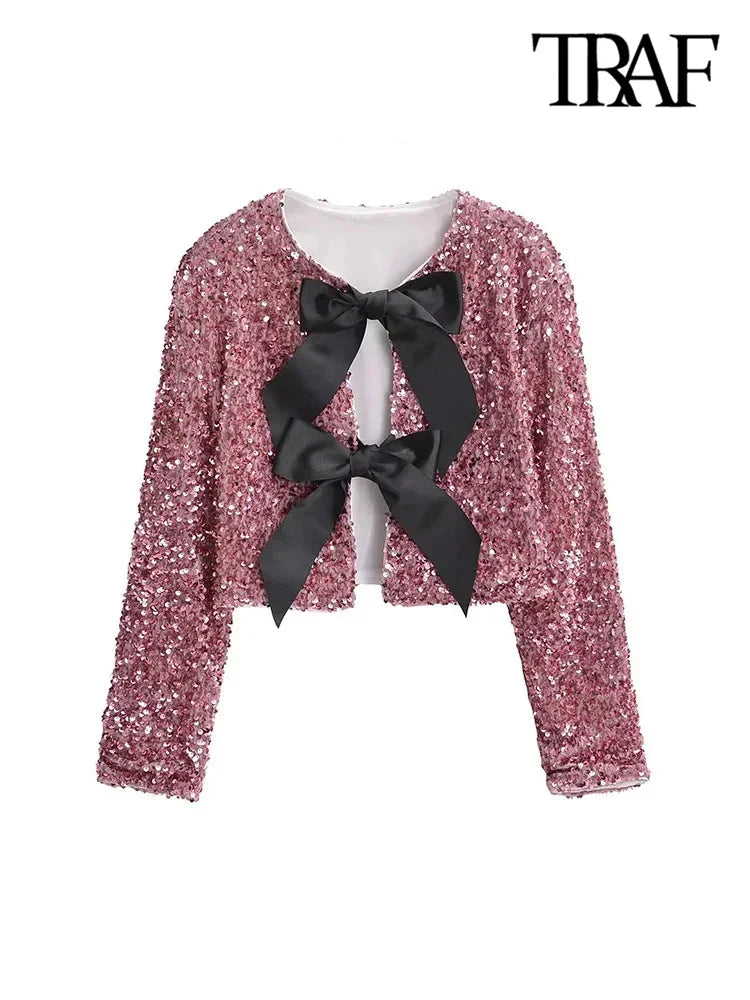 TRAF Women's Sequin Cropped Jacket – Long Sleeve O-Neck Coat with Bow Tie, Chic Outerwear Top