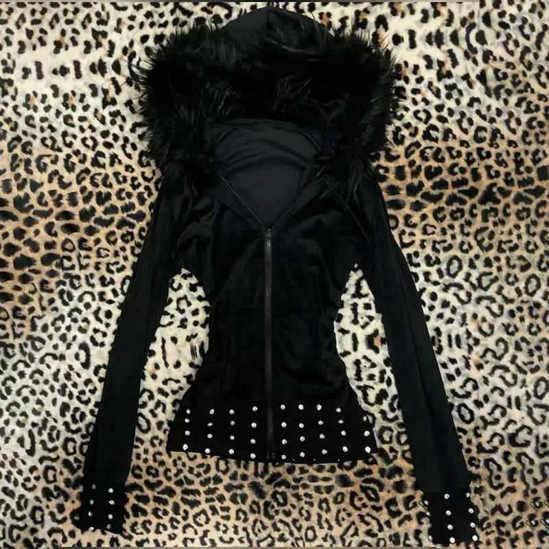 Women’s 2025 Gothic Aesthetic Fur Collar Hoodie Cardigan – Slim Fit Autumn Winter Harajuku Sweatshirt