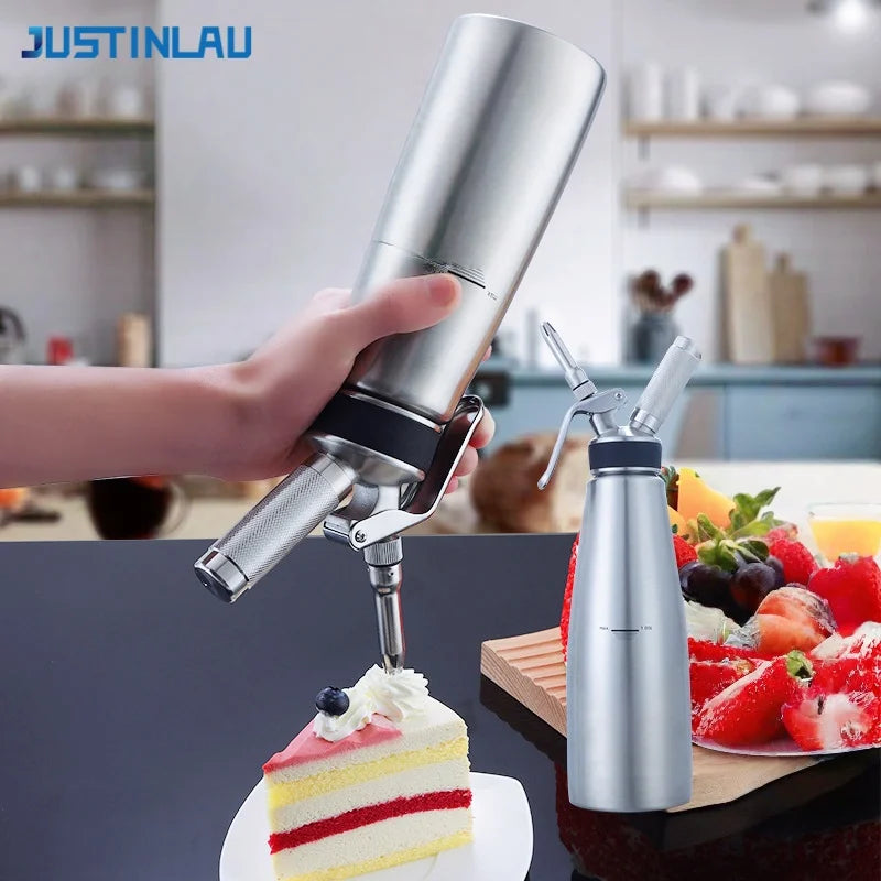 JUSTINLAU Stainless Steel Whipped Cream Dispenser - Cake Piping Siphon Bottle for Desserts & Cream