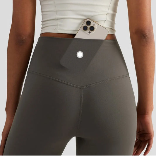 High Waist Women's Yoga Leggings - Solid Color Cropped Gym & Training Pants with Back Pocket