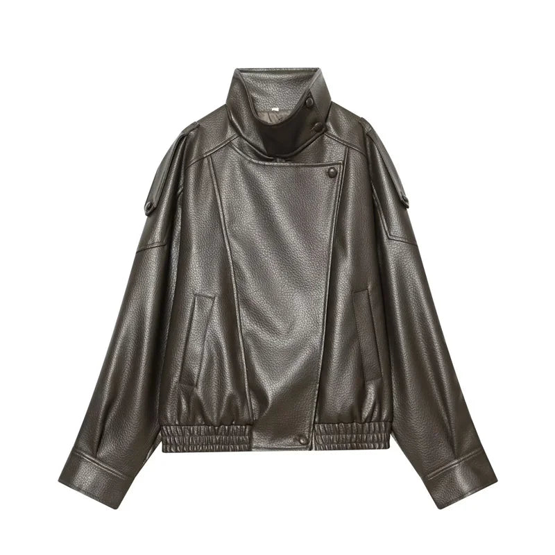 Women's Faux Leather Motorcycle Jacket - 2026 Autumn Black Long Sleeve Fashion Outerwear