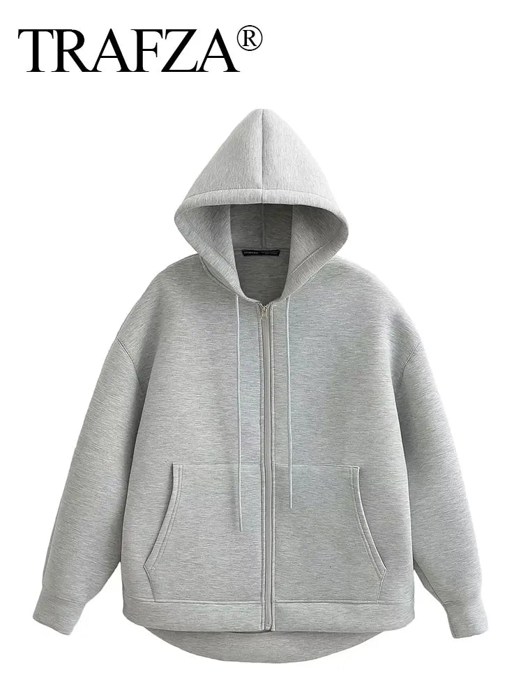 TRAFZA Autumn Women's Gray Jacket – Hooded, Long Sleeve, Zipper Coat with Big Pockets, Loose Casual Outerwear Tops