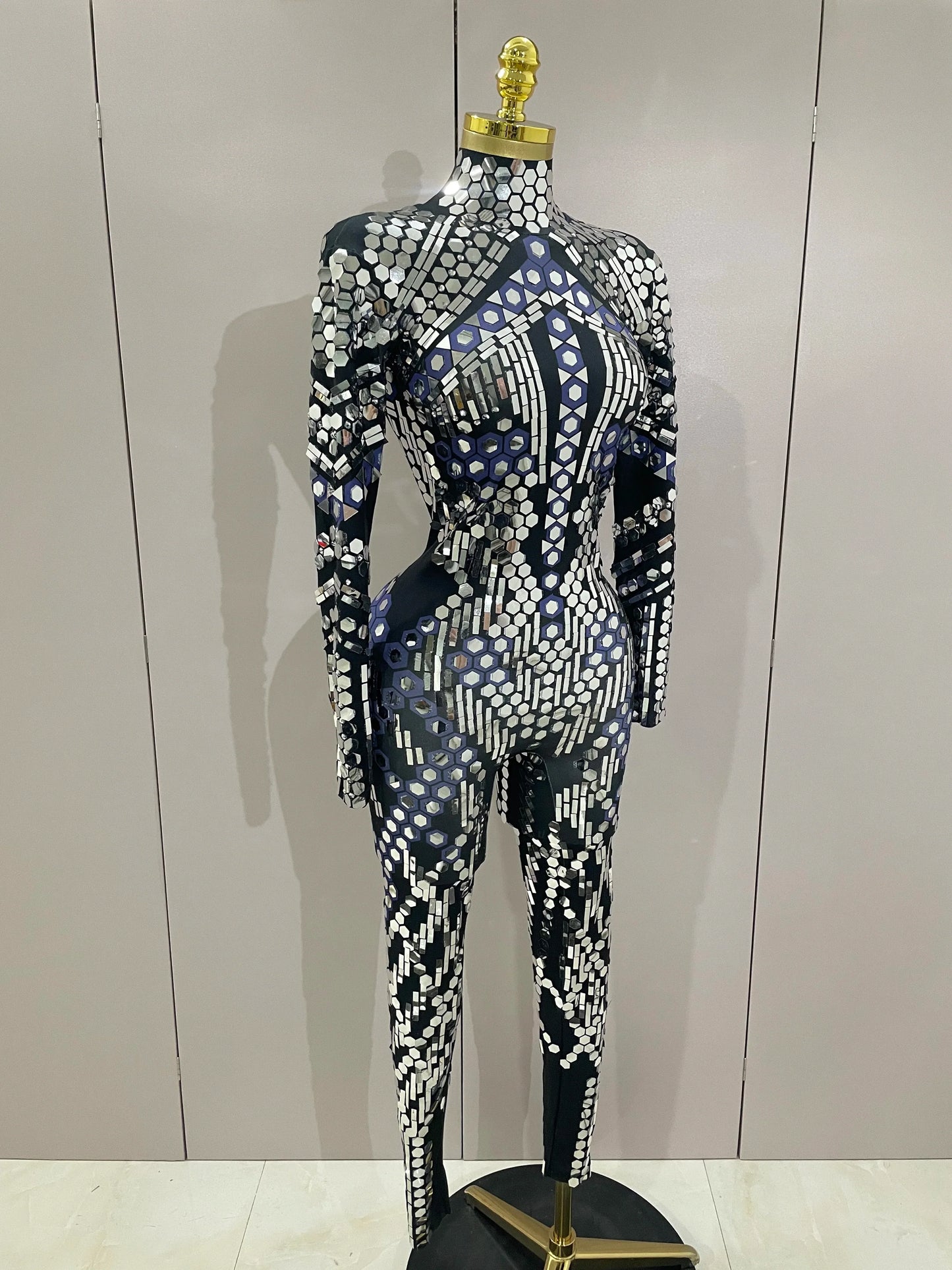 Sexy Shiny Silver Sequin & Black Spandex Jumpsuit — 2025 Women’s Prom, Dancer & Stage Performance Costume