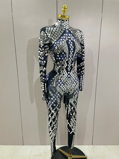Sexy Shiny Silver Sequin & Black Spandex Jumpsuit — 2025 Women’s Prom, Dancer & Stage Performance Costume