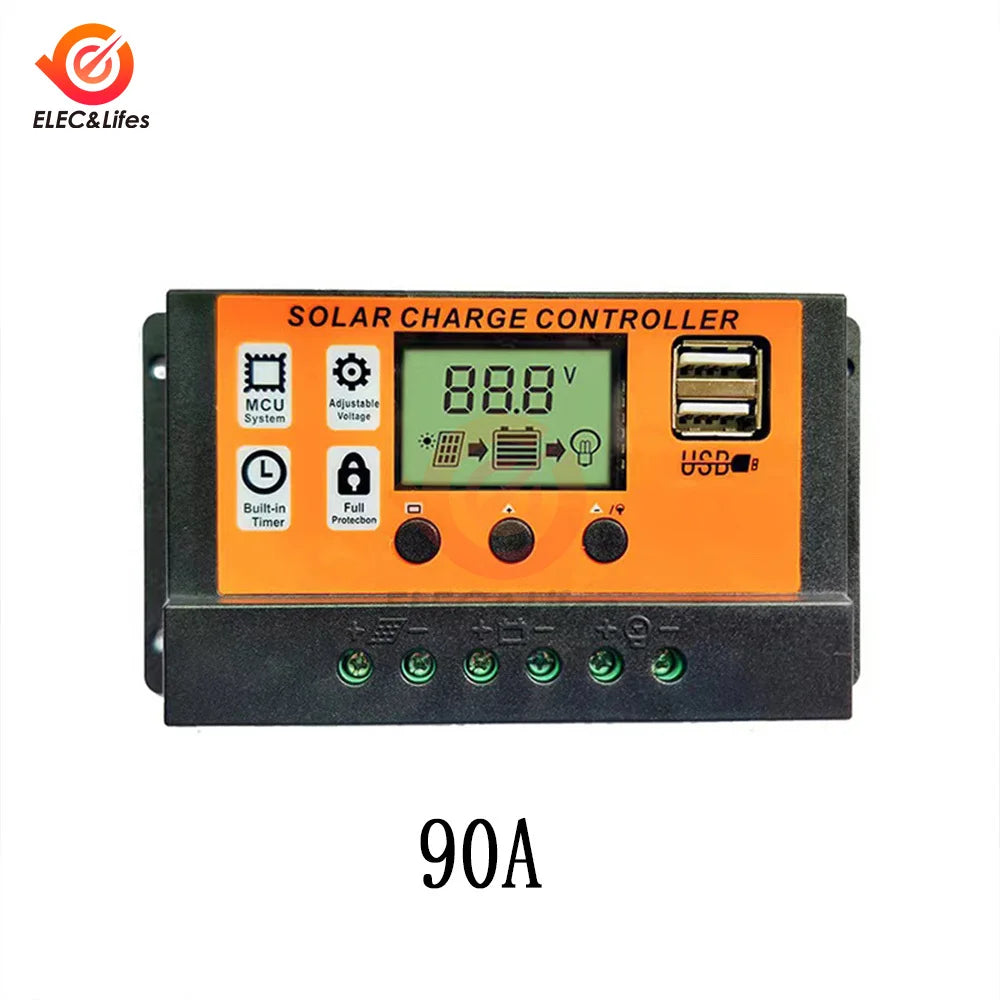100A Solar Charge Controller - 12V/24V Adjustable LCD Display Solar Panel Battery Regulator with USB Port