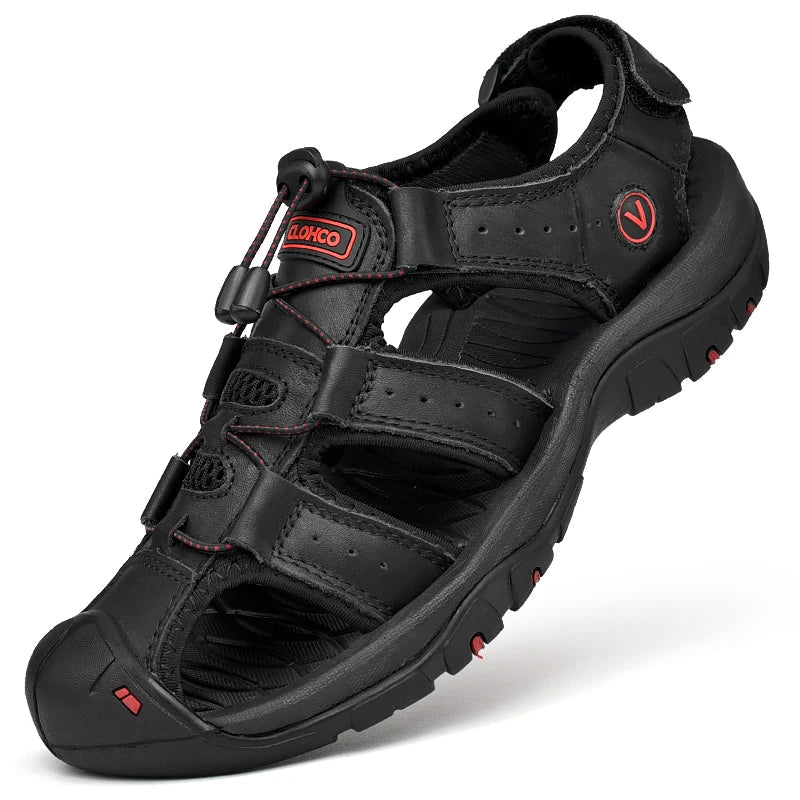 CLOHOO Men's Leather Sandals - Handmade Thick Sole Breathable Slip-On Beach Shoes