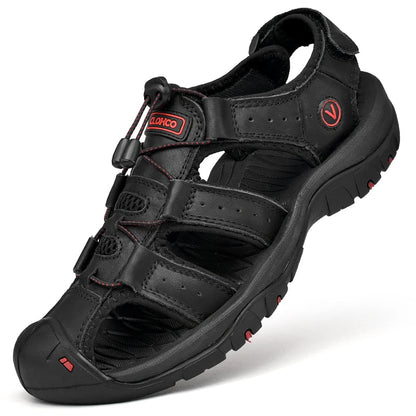 CLOHOO Men's Leather Sandals - Handmade Thick Sole Breathable Slip-On Beach Shoes