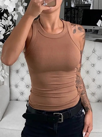 Solid Round Neck Ribbed Tank Top Camisole for Women - Summer Basic Elastic O-Neck Sleeveless Shirt