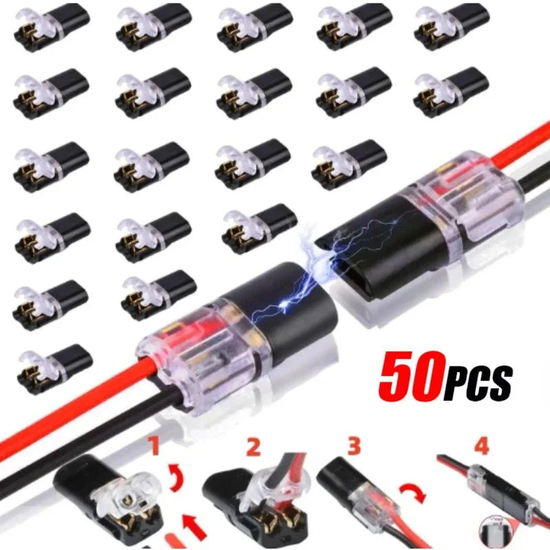 50/1PCS 2-Pin Plug-In Wire Connectors - Double-Wire Locking Buckle LED Cable Terminal Blocks