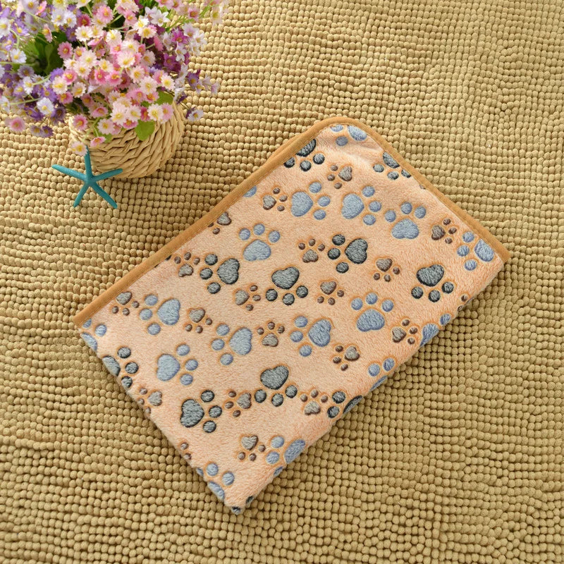 Flannel Pet Blanket - Cute Paw Print Mat for Warm Comfortable Dog & Cat Puppy Kitten Bedding