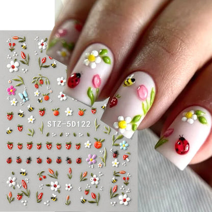 3D Kawaii Ladybug Nail Stickers - Embossed Daisy Flower DIY Decals for Spring, Wedding & Floral Nail Art
