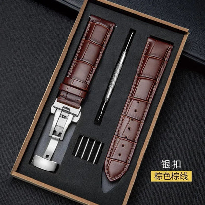 Genuine Leather Watch Strap with Wooden Box – Butterfly Clasp Bracelet 18-24mm Wristband