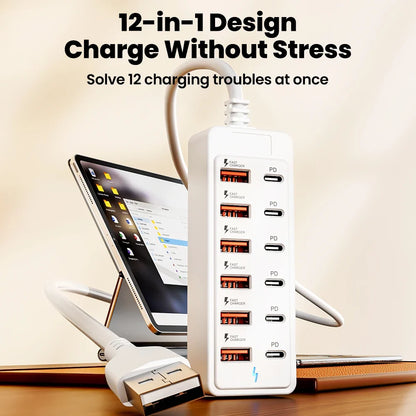 12-in-1 USB Charging Station - Fast Desktop Power Strip with USB Hub Adapter & 1M Cord for Home Office