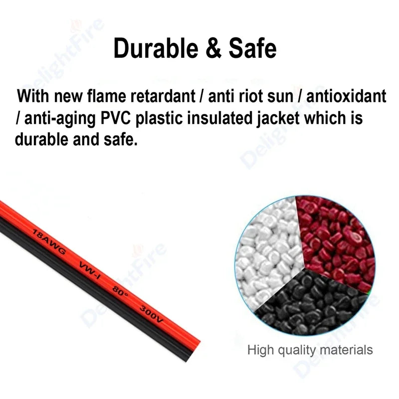 12V Red & Black Hookup Wire – 2-Pin Automotive Flat Cable for LED Extension, Doorbell, Lighting, & Speakers