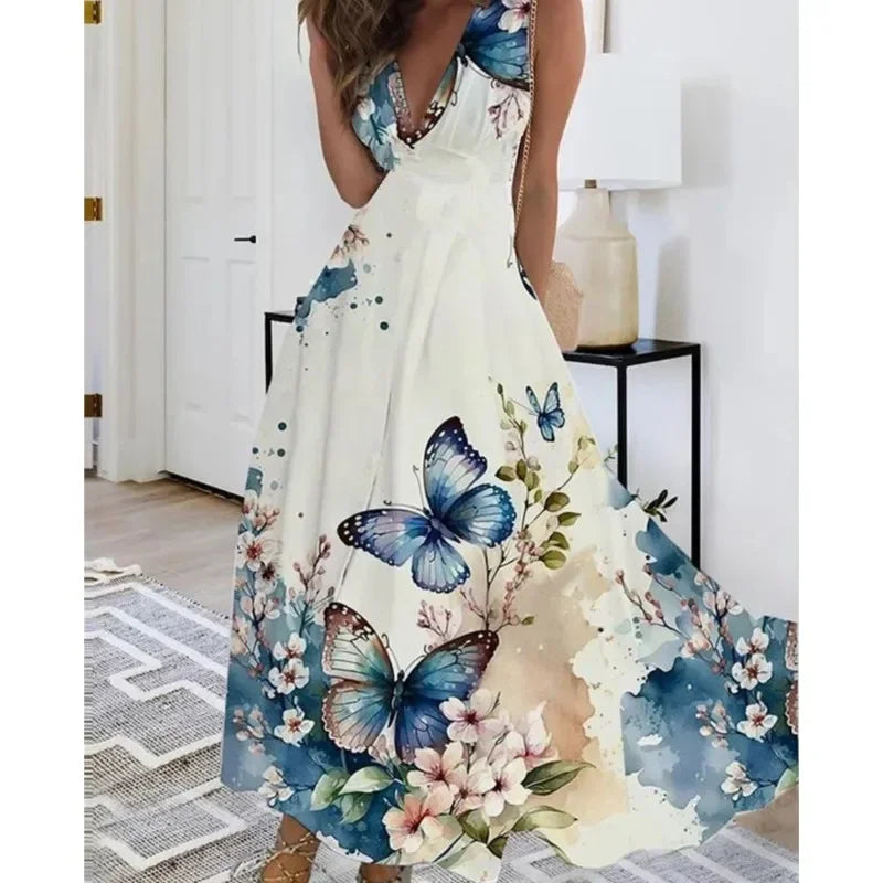 Women's Summer V Neck Maxi Dress - Sleeveless High Waist Elegant Print Dress for Office & Holiday Wear