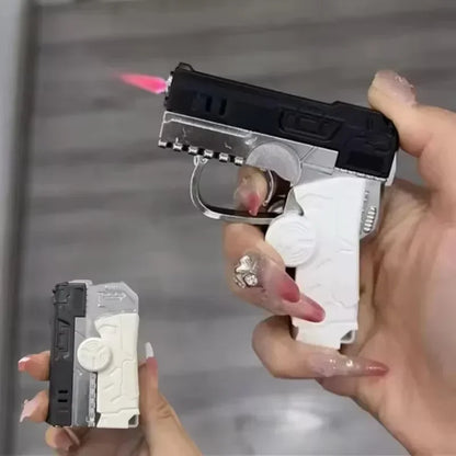 Folding Gun Style Lighter - Windproof Butane Jet Flame Metal Lighter with Laser