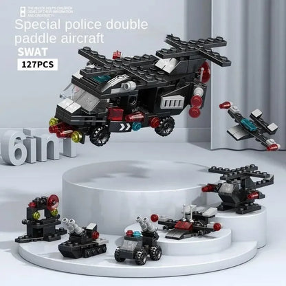 6-in-1 Police Truck Mech Dinosaur Building Blocks - Tank, Helicopter & Fire Truck Educational Toy