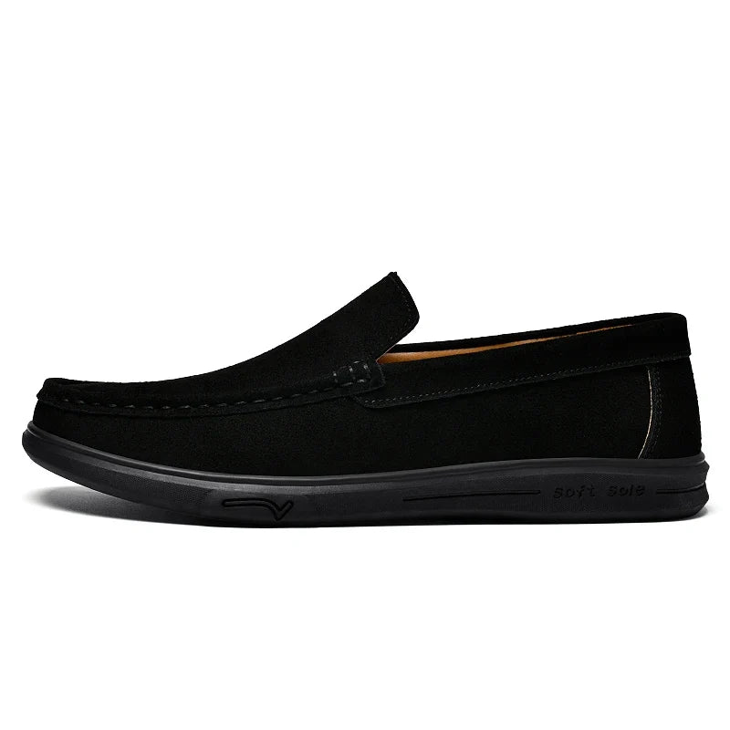 Men's Suede Leather Loafers - Black Slip-On Casual Driving & Business Shoes in Large Sizes