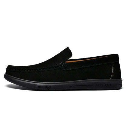 Men's Suede Leather Loafers - Black Slip-On Casual Driving & Business Shoes in Large Sizes